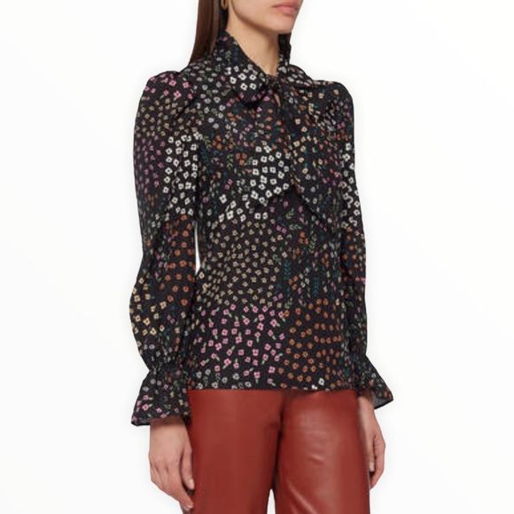 Never Fully Dressed Black Meadow Floral Tie Neck Long Sleeve Cinched Cuff Top 2 - Picture 1 of 12